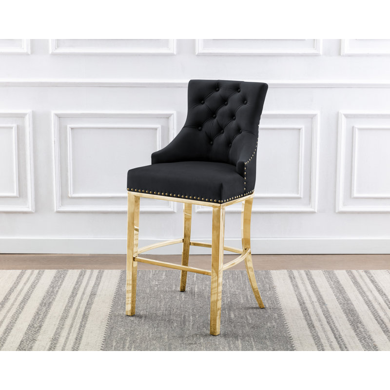 Kairin Upholstered Counter Stool, Barstool (45" Seat Height), Cream Velvet / Silver