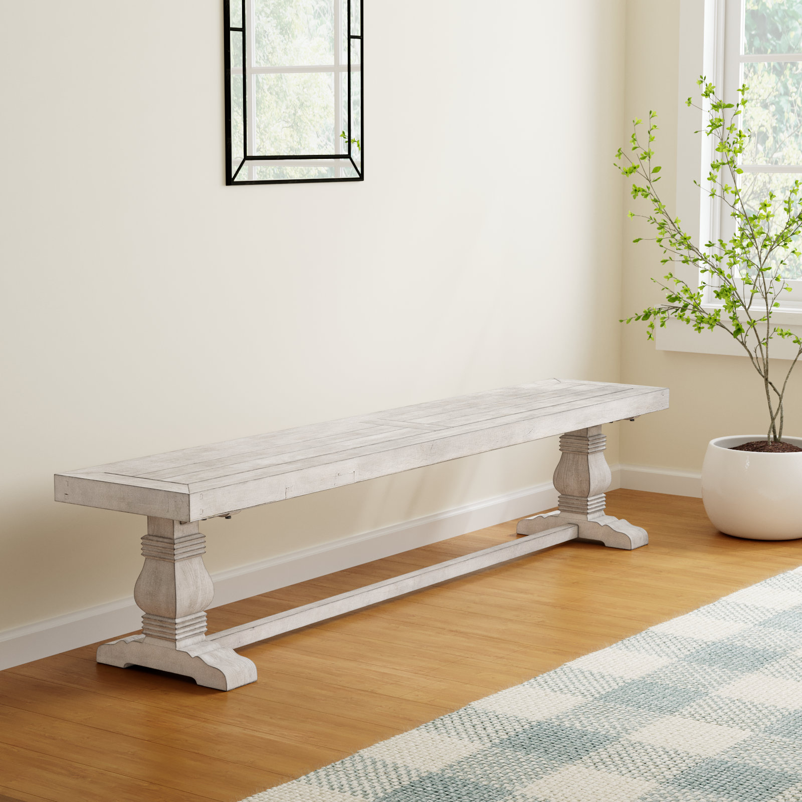 Kinston Dining Bench,  Distressed Ivory, 18" H x 83" W x 16"D