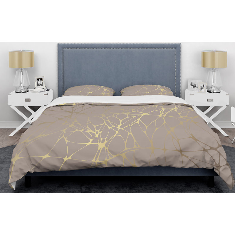 Retro Art Deco - Mid century bedding set - Modern Mid-century Bed cover set, Twin Duvet Cover + 1 Sham, Gold/Beige Abstract
