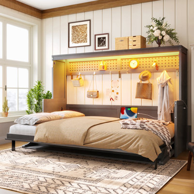 Lit escamotable double avec bureau, station de charge USB, lumières DEL