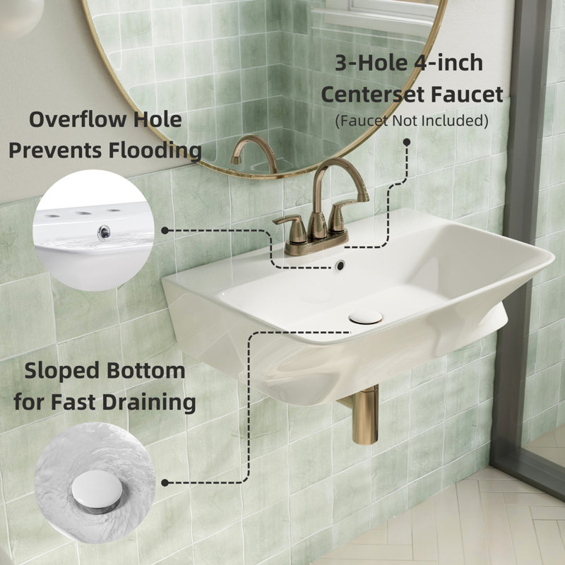 Lavabo mural rectangulaire en céramique avec trop-plein et trous pour robinet central Los Flexi, Blanc