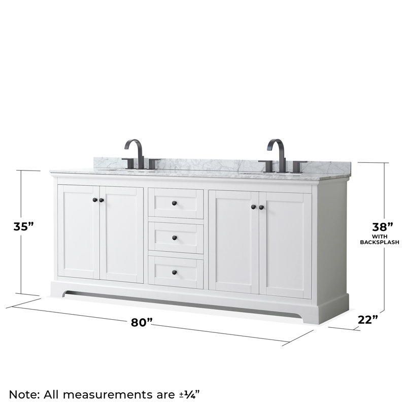 Avery 80'' Double Bathroom Vanity with Marble Top, White, Matte Black
