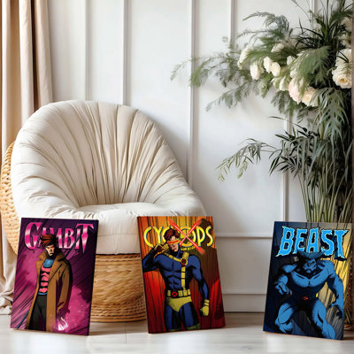3PCS Wall Arts Posters Framed, Gambit Cyclops Beast Marvel X Men Superhero Wall Art Canvas Prints Comic Style Decor for Living Room Bedroom Home Office Decorations Modern Artwork Gift for Fans