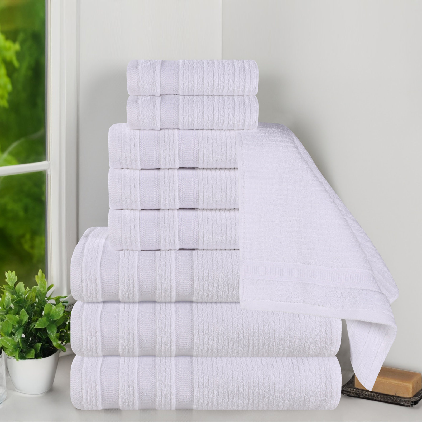 9-Piece Geometric Zero-Twist Cotton Towel Set, White, 9PCs set: (3 Face, 3 Hand & 3 Bath towels)