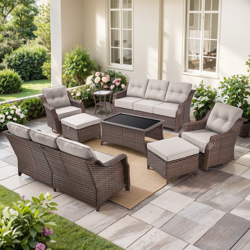 Craftedcane 8-Person Outdoor  PE Wicker Patio Conversation Set With 6" Thickness Cushions, Beige