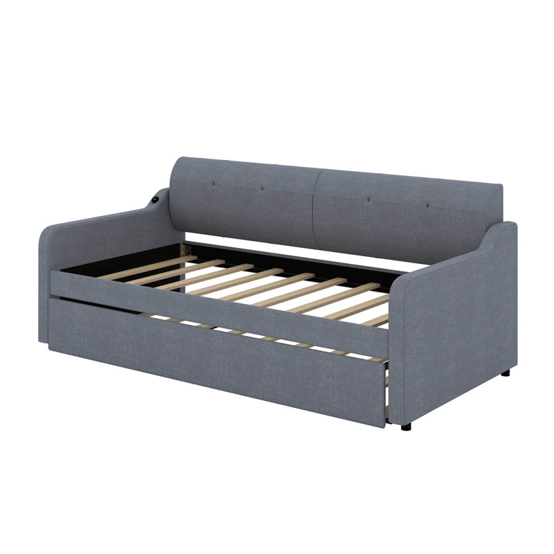 Upholstery Daybed With Trundle And USB Charging Design, Gray, Twin