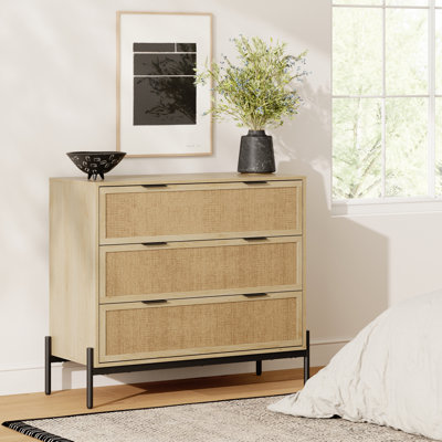 3-Drawer Wood Rattan Dresser with Metal Legs