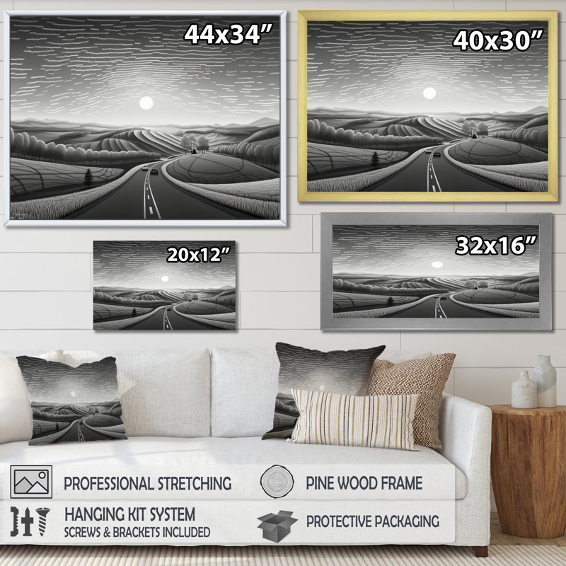 Monochrome Road By The Country III - Modern Wall Decor, H 24 po x l 32 po x P 1 po, Cadre flottant doré