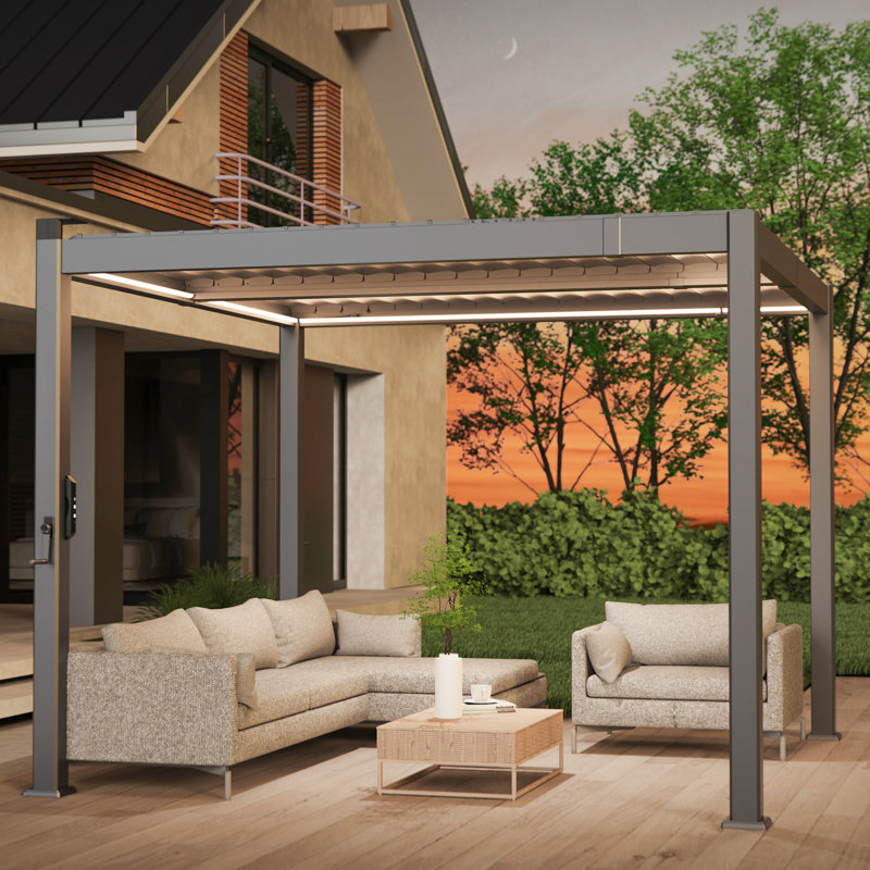 Outdoor Louvered Pergola with LED, Full Aluminum Frame with Adjustable Rainproof Louvers & Hidden Drainage System for Patio, Garden