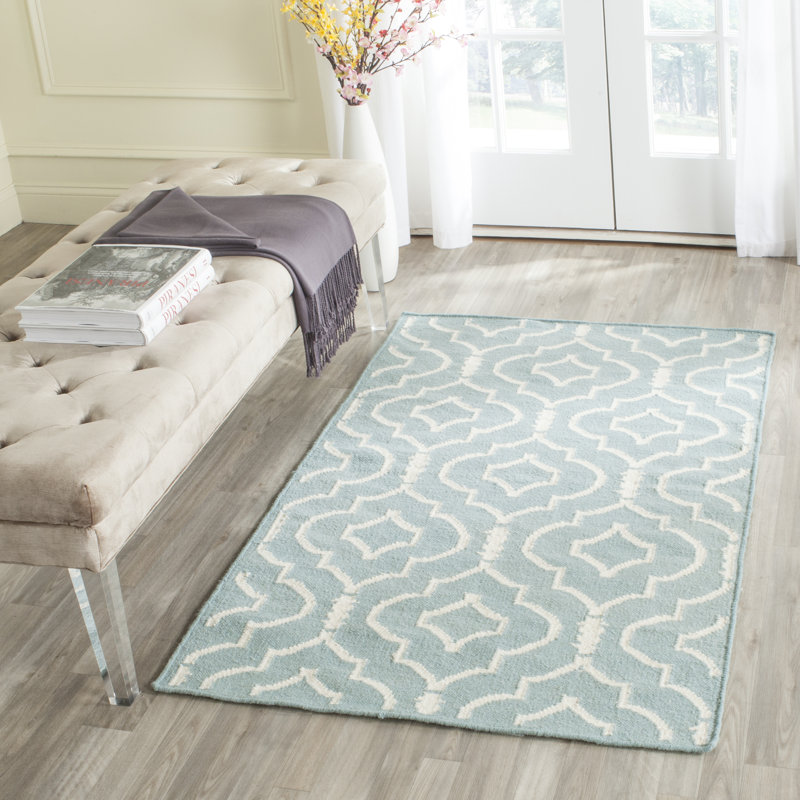 Milltown Hand Woven Flat Weave Wool/Cotton Geometric Rug in Light Blue/Ivory, Rectangle 9' x 12'