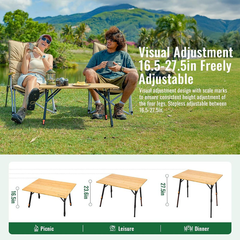 Table pliante en bambou avec hauteur réglable en aluminium