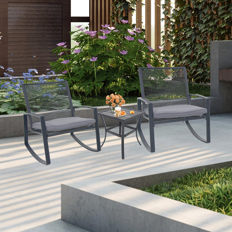 2-person Outdoor Patio Bistro Metal Rocking Conversation Set With Table, Gray
