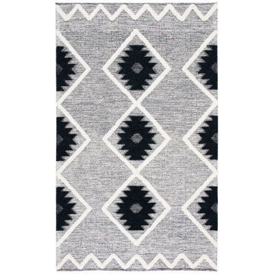 Tapis en laine / coton tissé à la main Vermont en gris / noir / ivoire