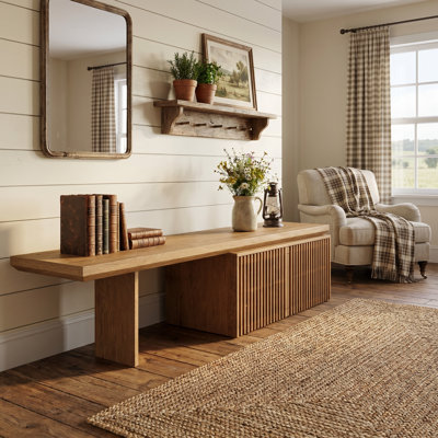Meuble télé moderne, meuble télé avec rangement, console multimédia extensible de style japonais pouvant accueillir jusqu'à 55 pouces et plus, meuble de télévision minimaliste pour le salon / la chambre à coucher, couleur bois (extensible de 78,7 po à 110 po)