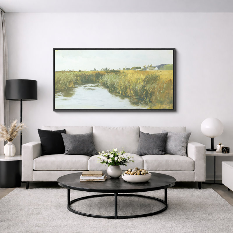 Peaceful Countryside River with Golden Fields, H 30 po x l 60 po, Noir