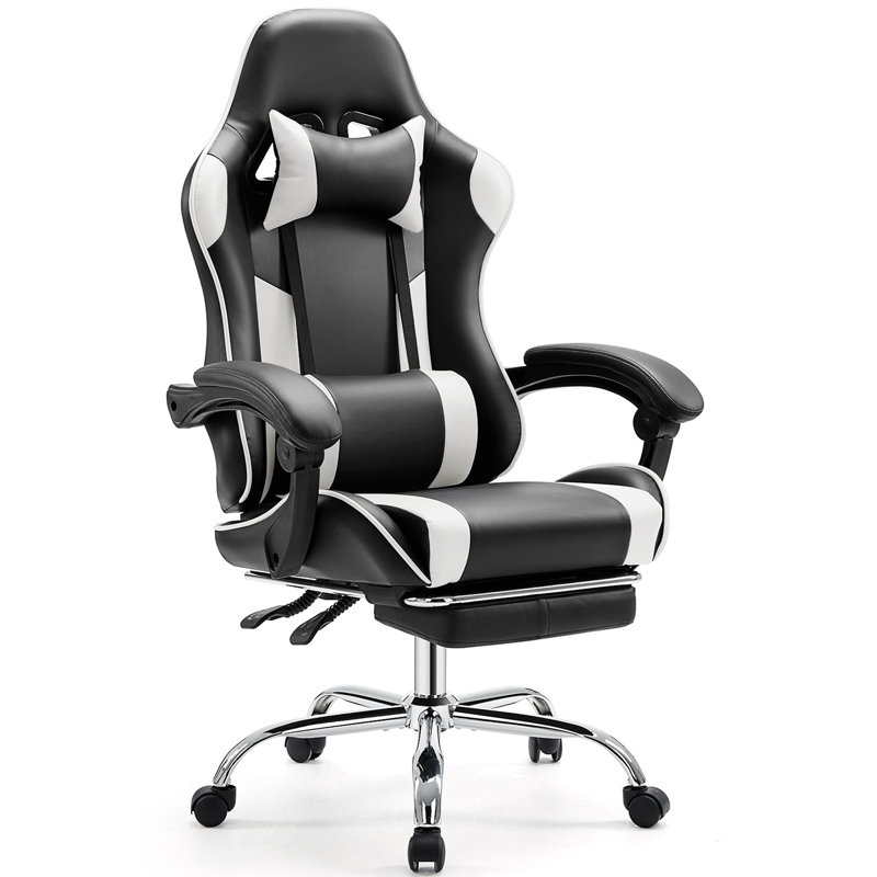 Fauteuil de jeu inclinable ergonomique et réglable, chaise de bureau à haut dossier avec support lombaire, appui-tête et repose-pieds
