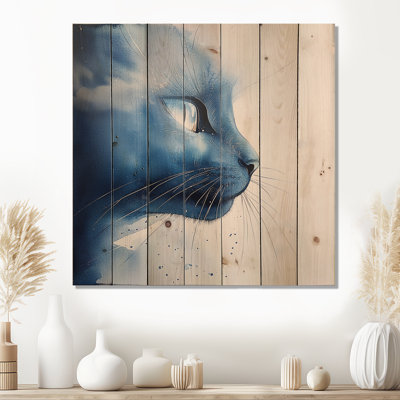 Blue Cat Silent Stare Portrait II - Modern Blue Wood Print On Natural Pine Wood
