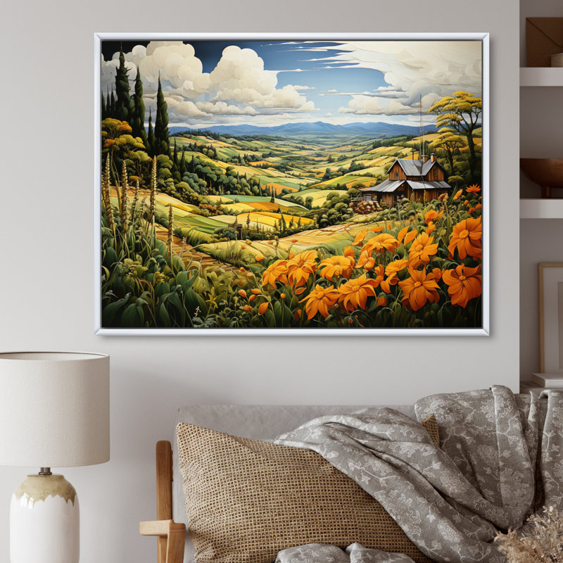 «Countryside Pastoral Patchwork I», reproduction, H 30 po x l 40 po x P 1,5 po, Cadre flottant blanc