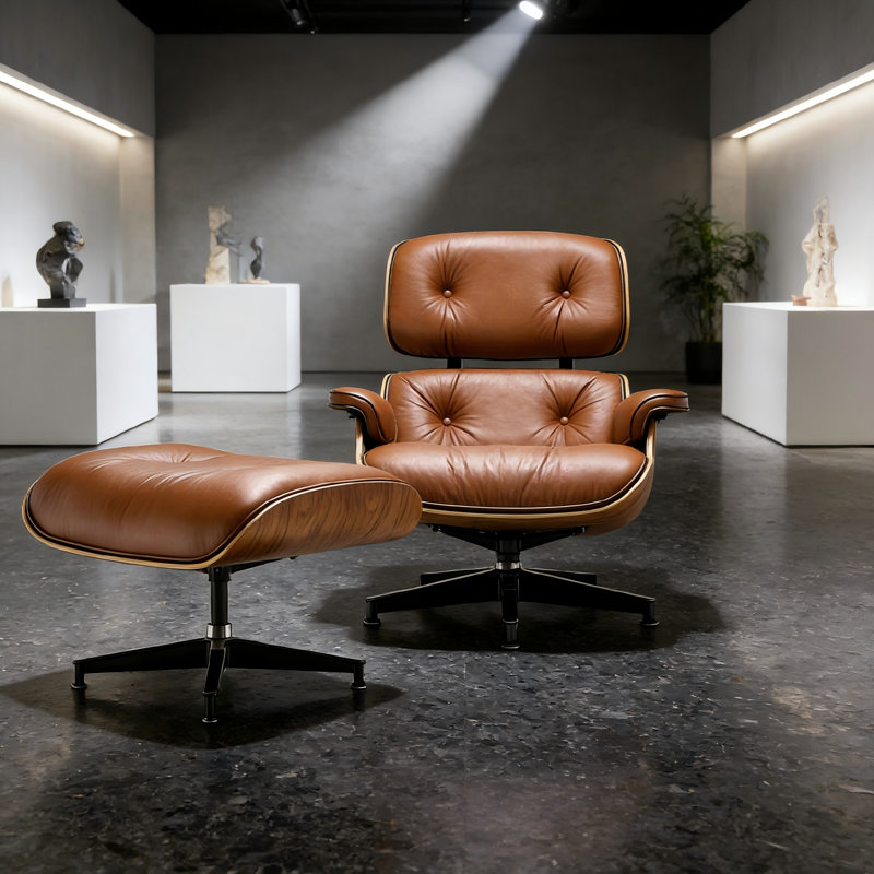 Mid Century Chaise Lounge Chair With Ottoman, Top Grain Leather, Modern Office Chair Classic Design, Heavy Duty Base Support For Living Room Study Lounge Office