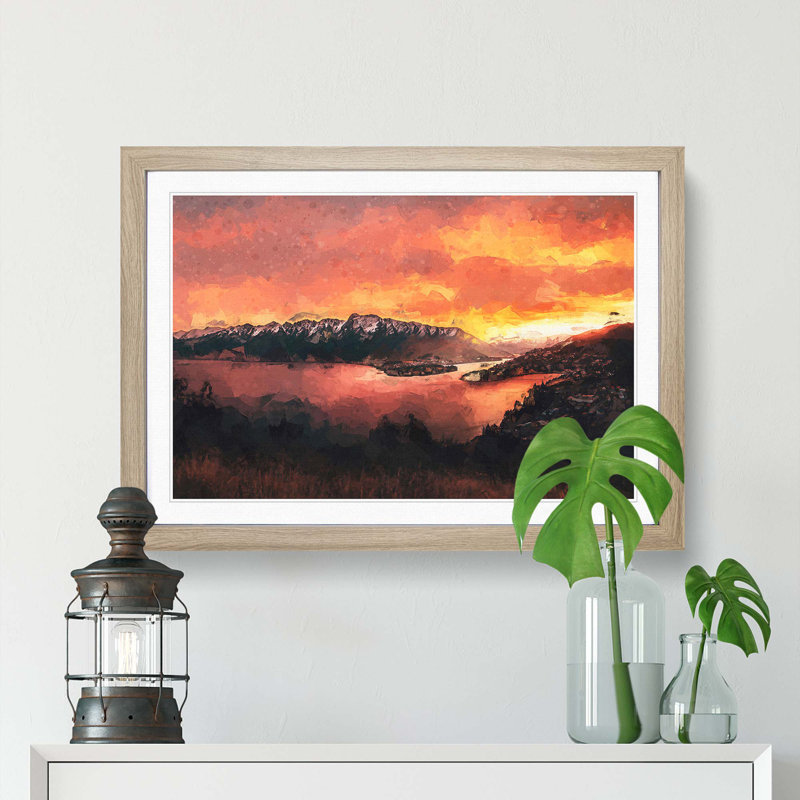 Sunset over Queenstown in Abstract - Picture Frame Graphic Art Print, 36cm H x 48cm W x 2cm D, Oak Framed