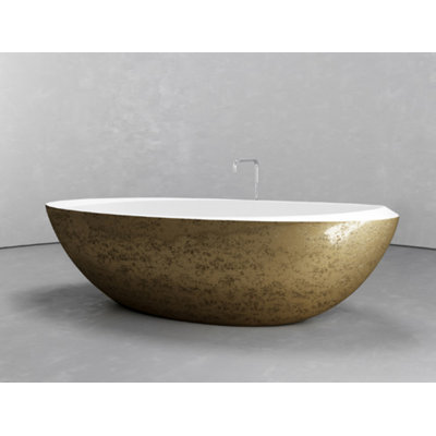 74.8" x 39.8" Deep Soaking Aged Brass White Solid Surface Freestanding Oval Bathtub