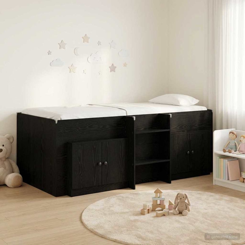  Loft Bed Frame with Cabinet with Storage Engineered Wood Modern Stylish, Small Single (2'6), Black