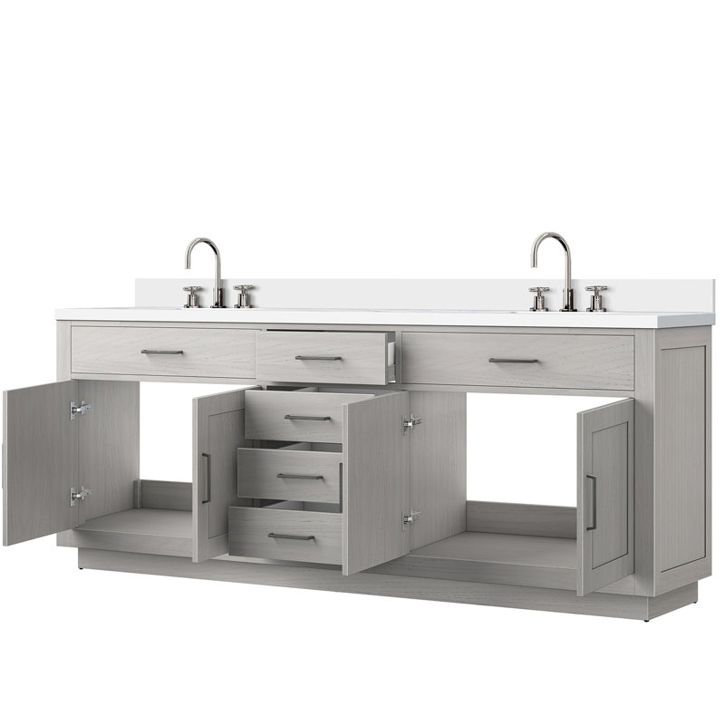 84 po Meuble-lavabo double large en chêne blanc, comptoir en quartz, robinet, mécanisme de fermeture en douceur, meuble-lavabo en bois massif et avec largeur de 22 po, finition, fermeture, maquillage