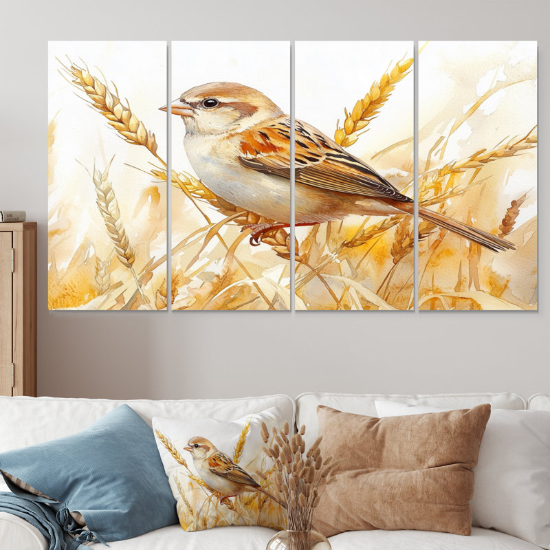 Maison, moineau domestique, oiseau parmi les blés IV - Art mural sur toile - Art mural moderne sur toile, H 32 po x l 64 po