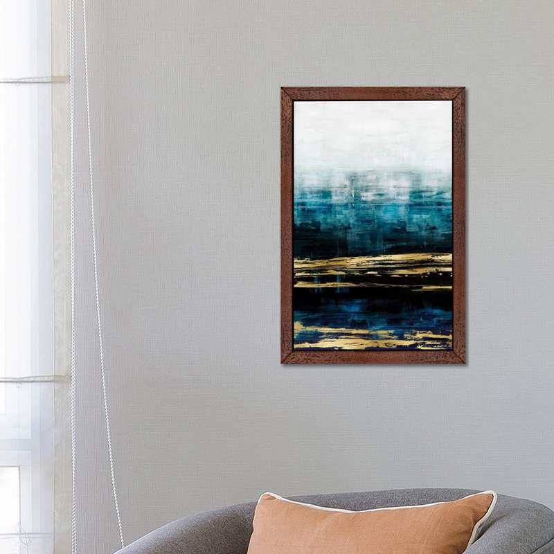 Aqua Reflections With Gold by Allie Corbin - Print on Canvas, Brown Framed, 66.04 cm H x 45.72 cm W
