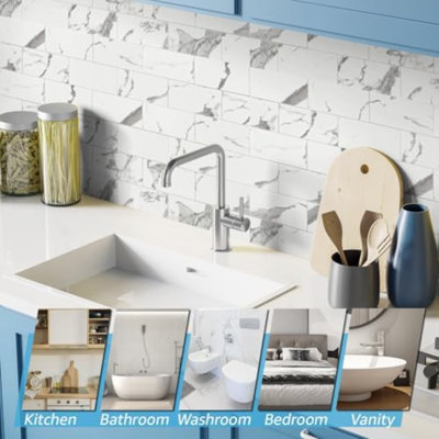 102-Piece Faux Stone Peel And Stick Backsplash Tile, Waterproof Thick PVC Stick On Subway Wall Tile For Kitchen Bathroom Laundry Room Fireplace - 3" X 6" Gray Marble