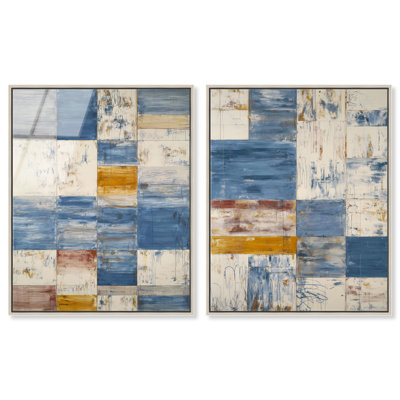 Blue Gridwork Duo Framed Acrylic Print Blue Wall Decor Set by Art Remedy, Silver Frame, 36 x 45
