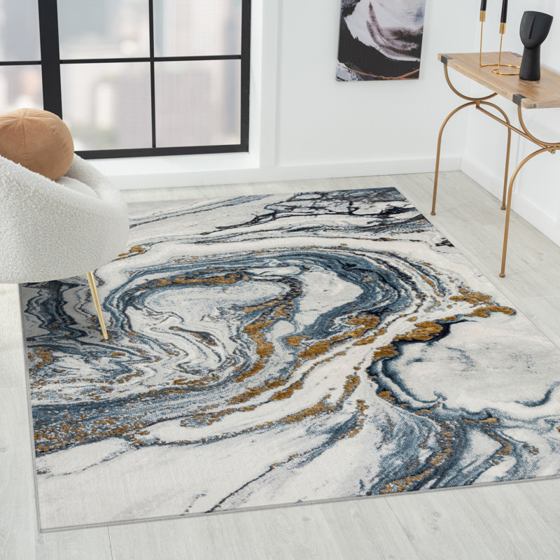 Gangleri Blue Gold Marble Area Rug, Rectangle 9' x 12'