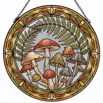 Mushroom Fern Stained Glass Window Panel，7.8H