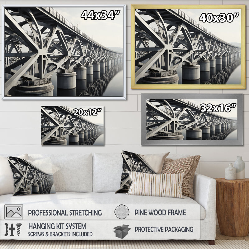 Edorta pont gris avec traverses monochromes graphite I - impression, Cadre flottant doré, H 16 po x l 32 po x P 1 po