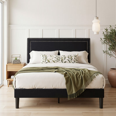 Queen Size Black Velvet Upholstered Platform Bed with Adjustable Headboard, Modern Bed Frame with Wood Slats, No Box Spring Needed
