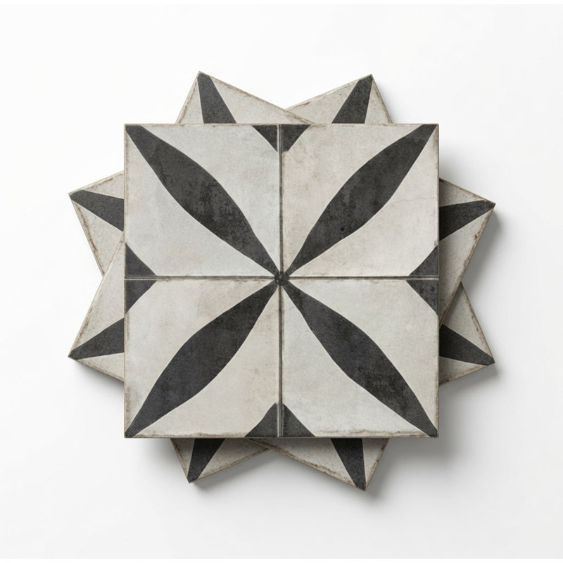 6" x 6" Vintage Black & White Floral Starburst Geometric Vinyl Peel and Stick Mosaic Tile