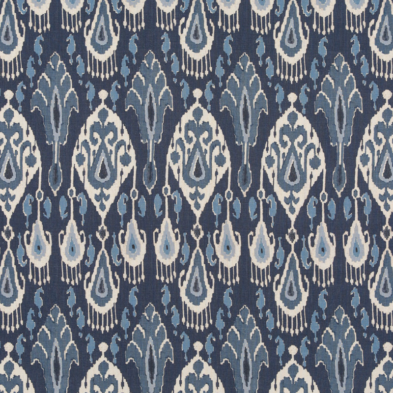 Caspian Bokhara 100% Linen Performance Fabric, Indigo