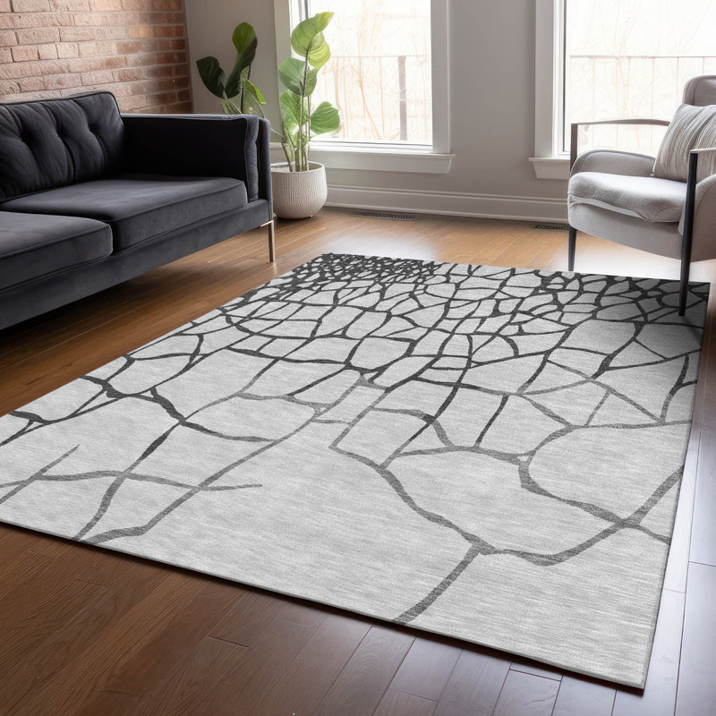 Gray Rectangular Washable Synthetic Flat Woven Rug, 3' x 5'
