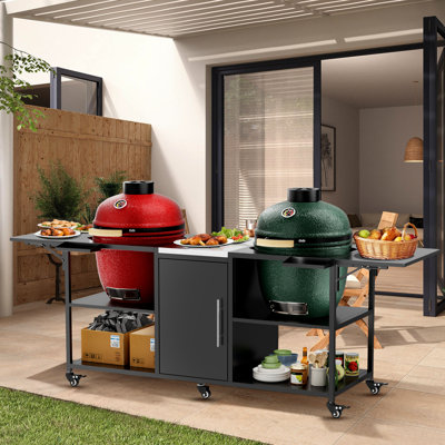 Chariot de barbecue extérieur pour plusieurs gros œufs et table en métal de 18 po avec comptoir en acier inoxydable, noir argenté, 107,51 lb, 35,55 po de hauteur, 26,22 largeur, 103,17 profondeur, 6 360 roues, 4 verrouillables,