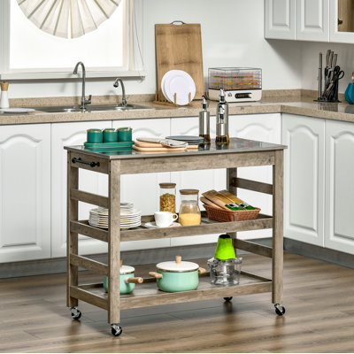 HOMCOM Rolling Kitchen Cart with Stainless Steel Countertop,2 Shelf and Castor Wheels, Grey
