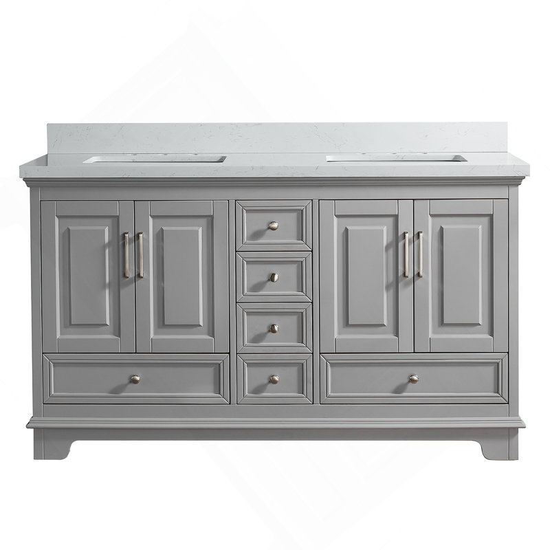 Meuble-lavabo double autoportant de 60 po avec pierre artificielle entièrement assemblé, Grey