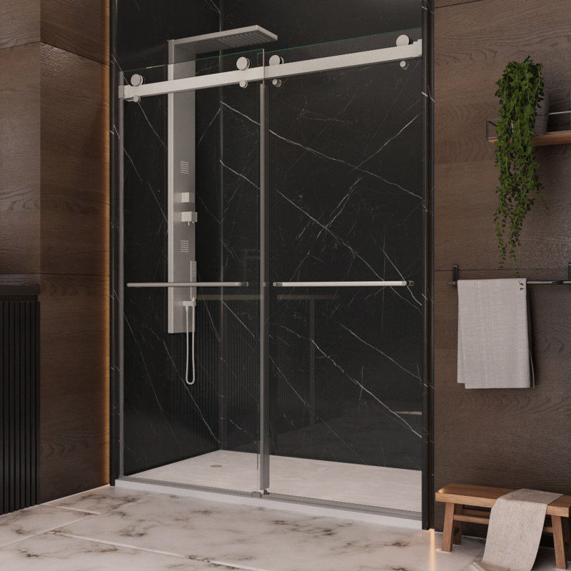 Luna L 56 po x H 76 po Porte de douche coulissante sans cadre en nickel brossé avec verre transparent épais de 3/8 po (10 mm)