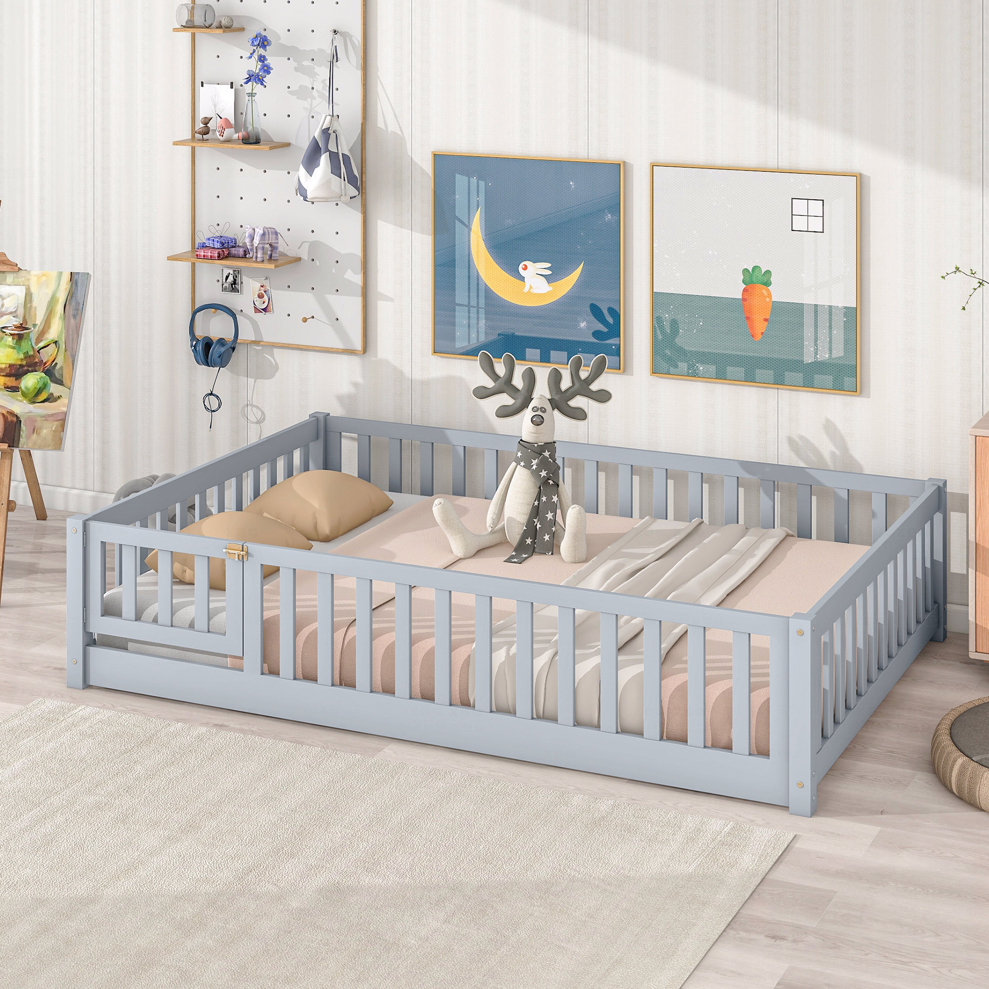 Ebern Designs Full Size Floor Bed Frame With Fence And Door,Rubber ...