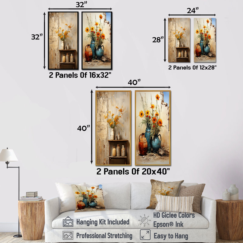 Floral, charme rustique, poterie I - ensemble de 2 reproductions de toiles abstraites, H 28 po x l 25 po, Toile tendue
