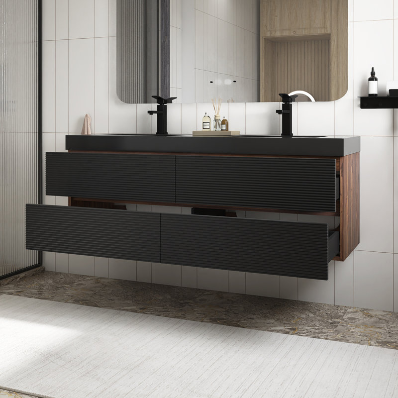 Meuble-lavabo moderne en noyer de 60 po avec lavabo en quartz d'ingénierie noir mat et tiroirs noirs, meuble-lavabo mural flottant