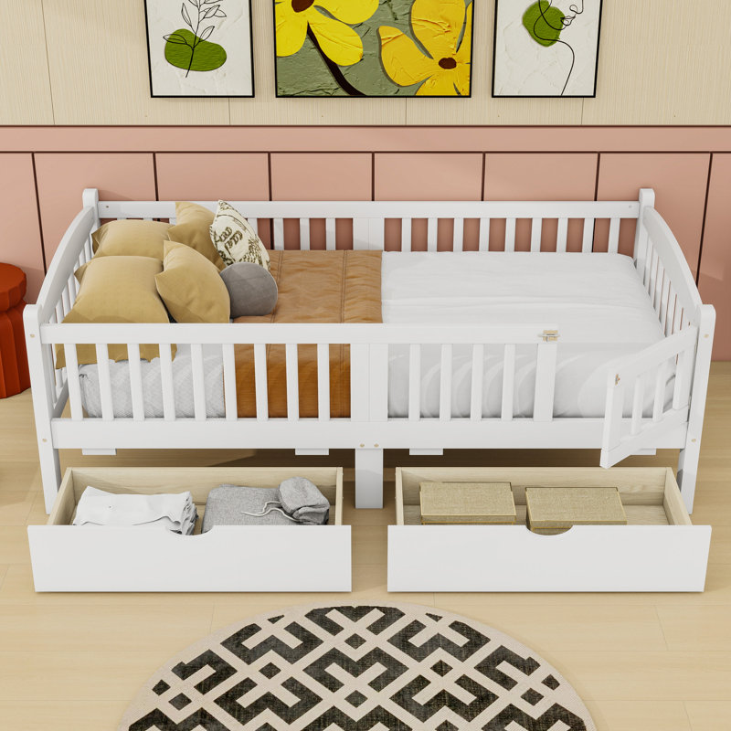 Lit plateforme en bois avec 2 tiroirs et garde-corps, Lit simple, Blanc