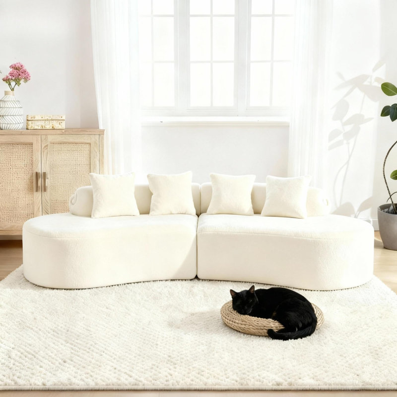 Ankney Modern Curved Flannelette Sofa, Multi-seater With Pillows For Living Room, White