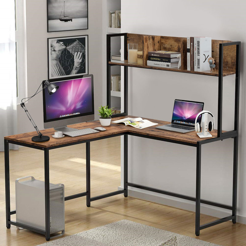 Orelia L-Shaped Iron Writing Desk, Brown