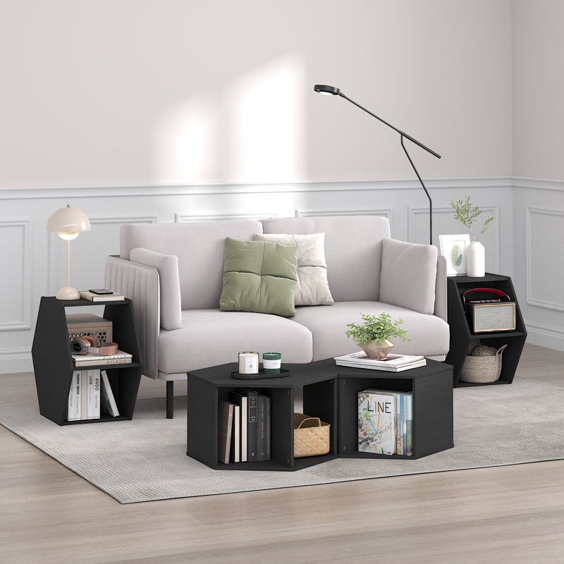 Table basse hexagonale moderne avec tablette de rangement ouverte, Americano / Noir