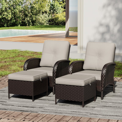 Ensemble de patio extérieur en osier pour 2 personnes avec 2 chaises, 2 repose-pieds et coussins